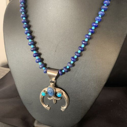 Navajo Sterling Silver Blue Denim Lapis Turquoise Pendant Necklace | Naja | Authentic Native American Handmade | 13705