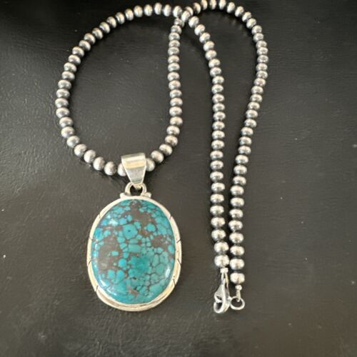 Men's Navajo Blue Spiderweb Turquoise Pendant Necklace | Sterling Silver | Authentic Native American Handmade | 16196