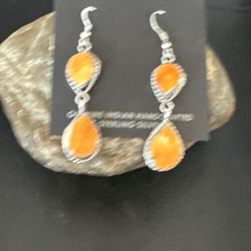 Navajo Orange Spiny Oyster Dangle Earrings | Sterling Silver | 1.5" | Authentic Native American Handmade | 16561