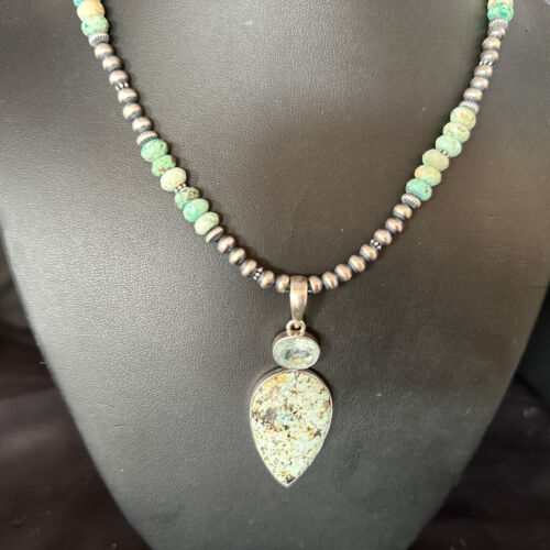 Navajo Green Turquoise Pendant Necklace | Sterling Silver | 21" | Authentic Native American Handmade | 14473