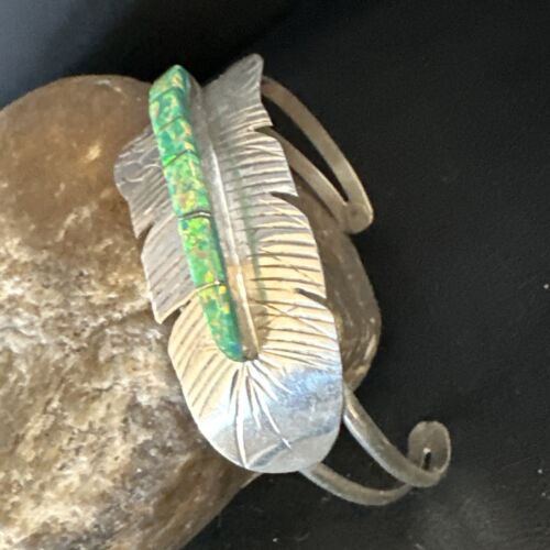Navajo Green Fire Opal Inlay Bracelet | Sterling Silver | 7" | Authentic Native American Handmade | 15071