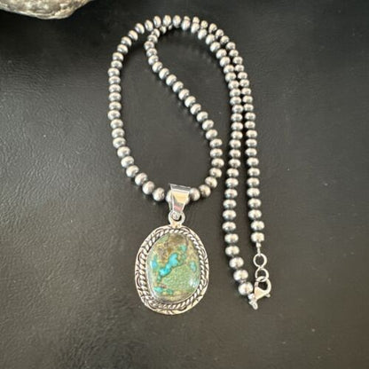 Navajo Green Gaspeite Pendant Necklace | Sterling Silver | Authentic Native American Handmade | 16363