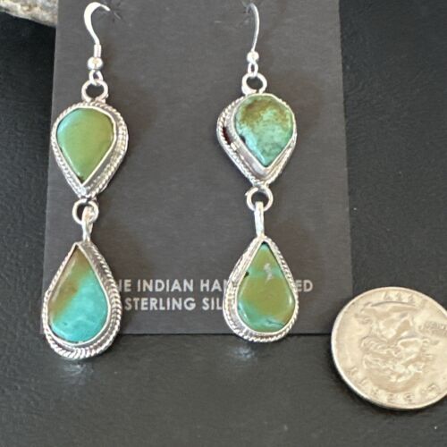Navajo Green Royston Turquoise Dangle Earrings | Sterling Silver | Authentic Native American Handmade | 16491