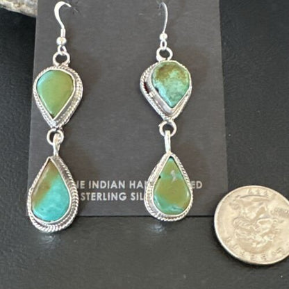Navajo Green Royston Turquoise Dangle Earrings | Sterling Silver | Authentic Native American Handmade | 16491