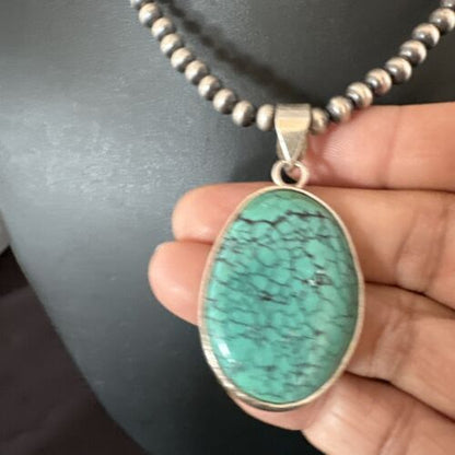 Navajo Blue Spiderweb Turquoise Pendant Necklace | Sterling Silver | Authentic Native American Handmade | 16292