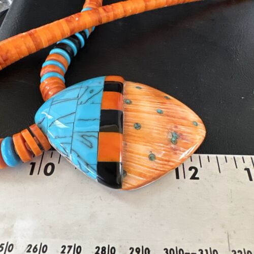 Native American Spiny Oyster Blue Turquoise Shell Pendant Necklace | Santo Domingo | 22" | 15231