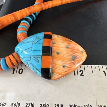 Native American Spiny Oyster Blue Turquoise Shell Pendant Necklace | Santo Domingo | 22" | 15231