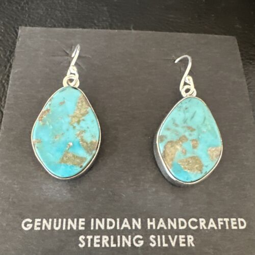 Navajo Blue Turquoise Dangle Earrings | Sterling Silver | 1" | Authentic Native American Handmade | 15806 - Masha USA