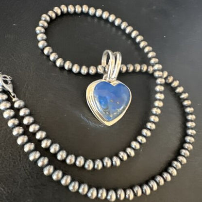 Navajo Blue Heart Lapis Pendant Necklace | Sterling Silver Pearls | Authentic Native American Handmade | 15019