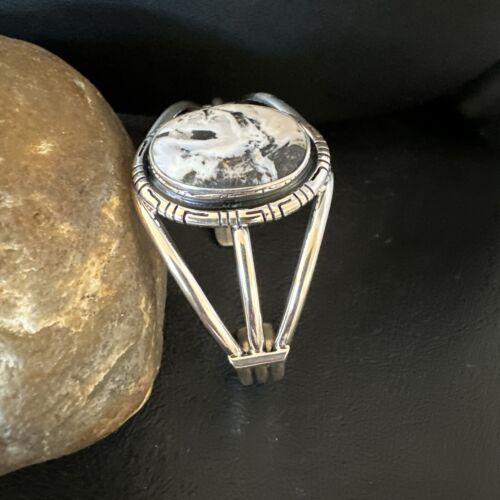 Women's White Buffalo Turquoise Cuff Bracelet | Navajo Sterling Silver | Authentic Native American Handmade | 16249