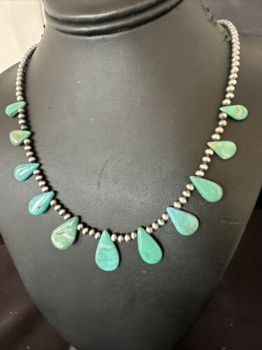 Southwestern Navajo Pearls Necklace | Sterling Silver | Green Turquoise Teardrop | 15762