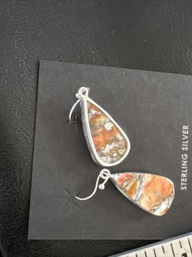 Navajo Blue Turquoise & Orange Spiny Oyster Inlay Dangle Earrings | Sterling Silver | Native American Handmade | 15581