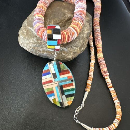 Santo Domingo Multi-Color Spiny Inlay Pendant Necklace | Sterling Silver | 32" | 16854