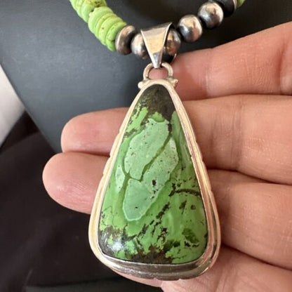Navajo Green Gaspeite Pendant Necklace | Sterling Silver | Authentic Native American Handmade | 10979