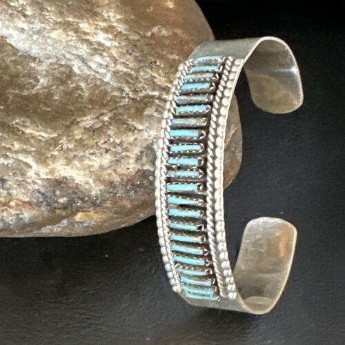 Zuni Blue Turquoise Needle Point Cluster Cuff Bracelet | Sterling Silver | Authentic Native American Handmade | 15067