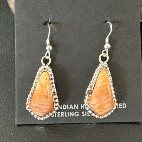 Navajo Orange Spiny Oyster Dangle Earrings | Sterling Silver | Authentic Native American Handmade | 17264