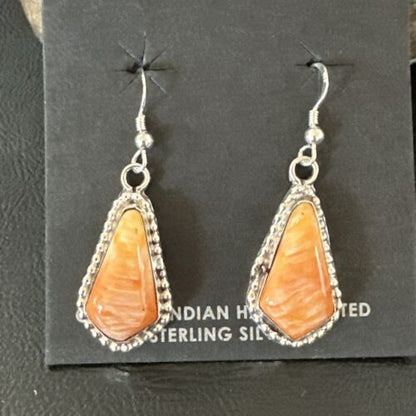 Navajo Orange Spiny Oyster Dangle Earrings | Sterling Silver | Authentic Native American Handmade | 17264