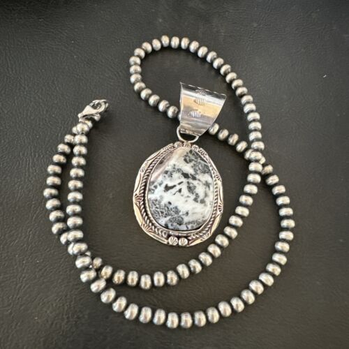 Men's White Buffalo Turquoise Pendant Necklace | Navajo Pearl Sterling Silver | 17041