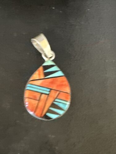 Women's Blue Turquoise & Spiny Oyster Inlay Pendant | Navajo Sterling Silver | Authentic Native American Jewelry | 15196