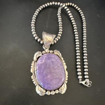 Navajo Purple Charoite Pendant with Pearls | Sterling Silver Necklace | Authentic Native American Handmade | 16653