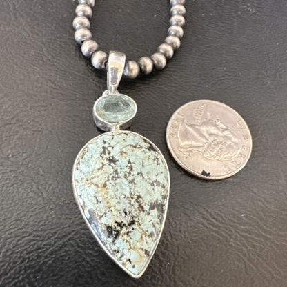 Navajo Dry Creek Turquoise Topaz Pendant Necklace | Sterling Silver | Authentic Native American Handmade | 16443