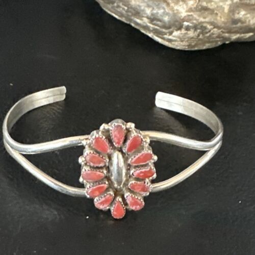 Navajo Red Coral Cluster Cuff Bracelet | Sterling Silver | Authentic Native American Handmade | 15245