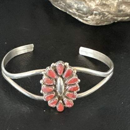 Navajo Red Coral Cluster Cuff Bracelet | Sterling Silver | Authentic Native American Handmade | 15245