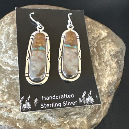 Navajo Blue Boulder Turquoise Dangle Earrings | Sterling Silver | Authentic Native American Handmade | 16502