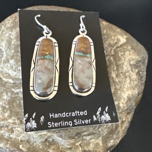 Navajo Blue Boulder Turquoise Dangle Earrings | Sterling Silver | Authentic Native American Handmade | 16502