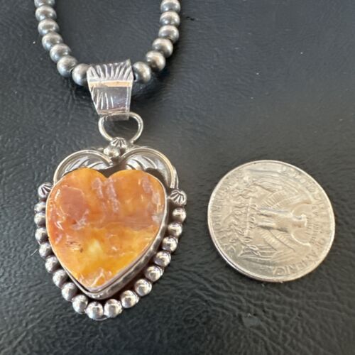 Navajo Orange Spiny Oyster Heart Pendant Necklace | Sterling Silver | Authentic Native American Handmade | 16551