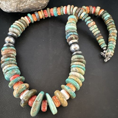 Royston Turquoise Spiny Graduated Navajo Pearls Necklace | Sterling Silver | Authentic Native American | 25" | 17003