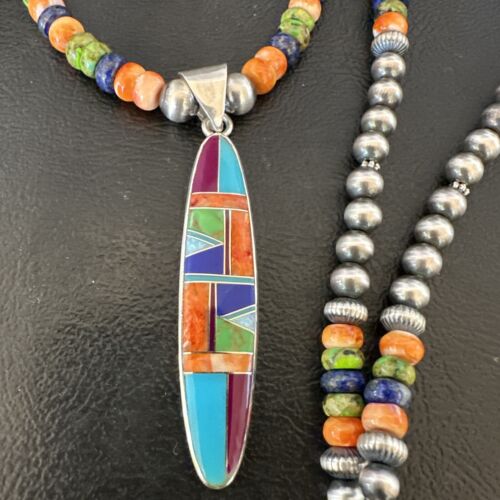 Navajo Lapis Spiny Oyster Turquoise Inlay Pendant Necklace | Sterling Silver | 21" | Authentic Native American Handmade | 16626