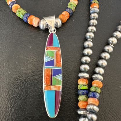 Navajo Lapis Spiny Oyster Turquoise Inlay Pendant Necklace | Sterling Silver | 21" | Authentic Native American Handmade | 16626