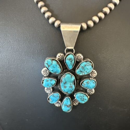 Navajo Blue Kingman Turquoise Cluster Pendant | Sterling Silver | 2" | Authentic Native American Handmade | 17418