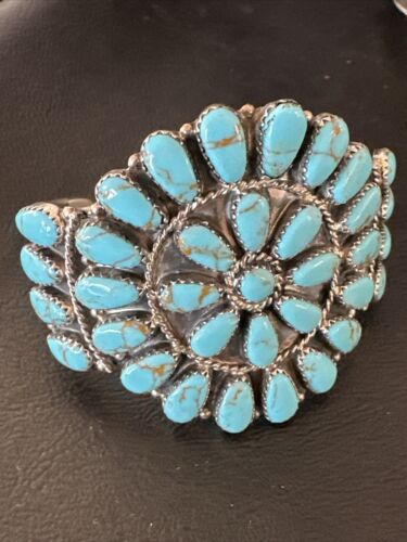 Navajo Blue Turquoise Cluster Cuff Bracelet | Sterling Silver | Old Pawn | Authentic Native American Handmade | 17220