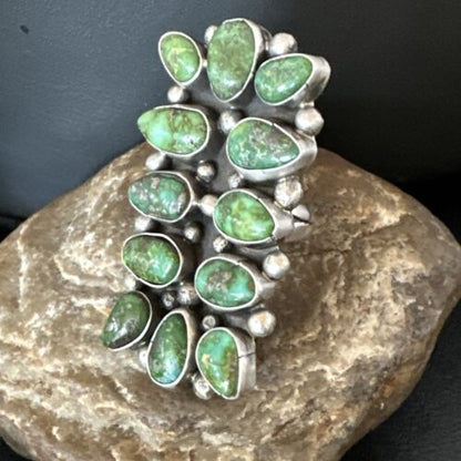 Navajo Green Sonoran Gold Turquoise Cluster Ring |Authentic Native American Sterling Silver | Multi-Stone | Sz 9 | 16028