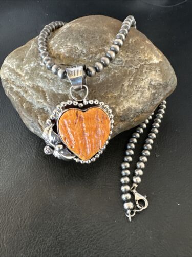 Navajo Orange Spiny Oyster Heart Pendant Necklace | Sterling Silver | Authentic Native American Handmade | 16416