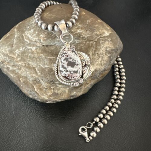 White Buffalo Turquoise Pendant | Navajo Pearls Sterling Silver Necklace 21" | Handmade Jewelry 17329