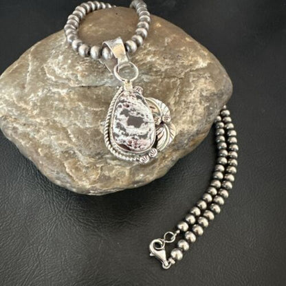 White Buffalo Turquoise Pendant | Navajo Pearls Sterling Silver Necklace 21" | Handmade Jewelry 17329