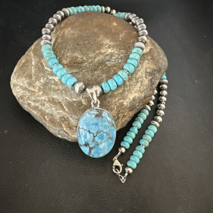 Navajo Blue Spiderweb Turquoise Pendant Necklace | Sterling Silver | Authentic Native American Handmade | 17080