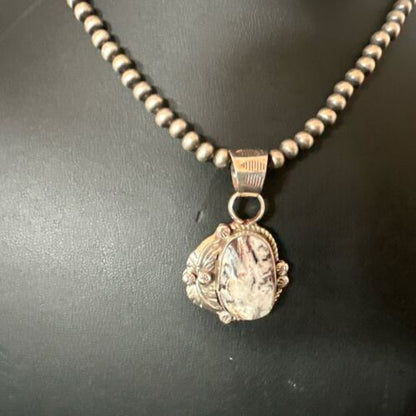 Men's White Buffalo Turquoise Pendant Necklace | Navajo Pearls | Sterling Silver | Native American Handmade | 17334