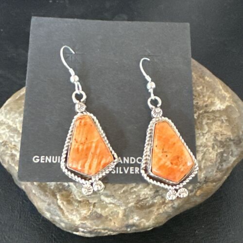 Navajo Orange Spiny Oyster Dangle Earrings | Sterling Silver | Authentic Native American Handmade | 17273