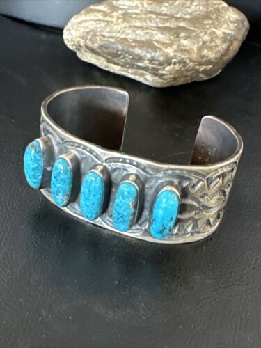 XL Men's Kingman Turquoise 5 Stone Cuff Bracelet | Navajo Sterling Silver | Authentic Native American Handmade | 15858