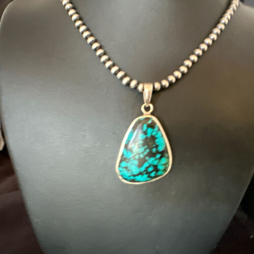Men's Navajo Blue Spiderweb Turquoise Pendant Necklace | Sterling Silver | Authentic Native American Handmade | 16218