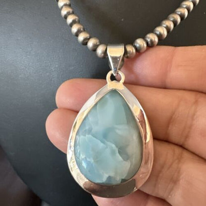 Navajo Blue Larimar Pendant Necklace | Sterling Silver Beads | Authentic Native American Handmade | 17630