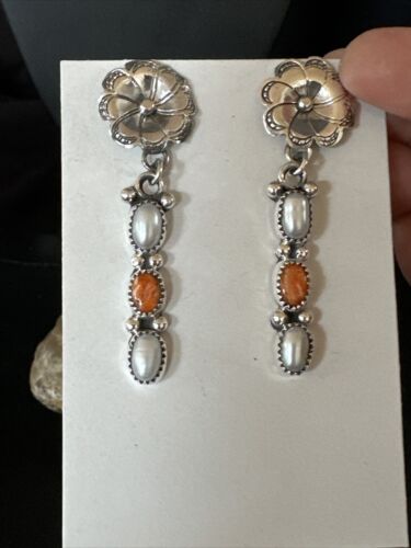 Navajo Orange Spiny Oyster Dangle Earrings | Sterling Silver Pearls | Authentic Native American Handmade | 15328