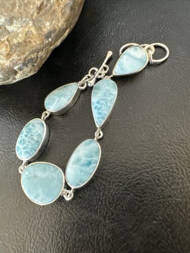 Navajo Blue Larimar Link Bracelet | Sterling Silver | 8" | Authentic Native American Handmade | 16081