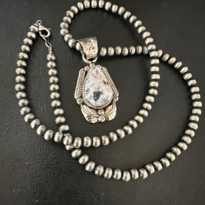 White Buffalo Turquoise Pendant | Navajo Pearls | Sterling Silver Necklace 21" | 17327