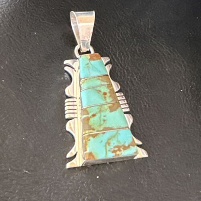 Navajo Blue #8 Turquoise Inlay Pendant | Sterling Silver | 2" | Authentic Native American Handmade | 15682