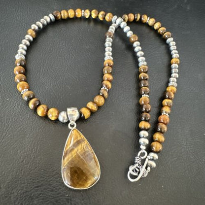 Southwestern Coffee Brown Tiger's Eye Pendant Necklace | Sterling Silver | 15863